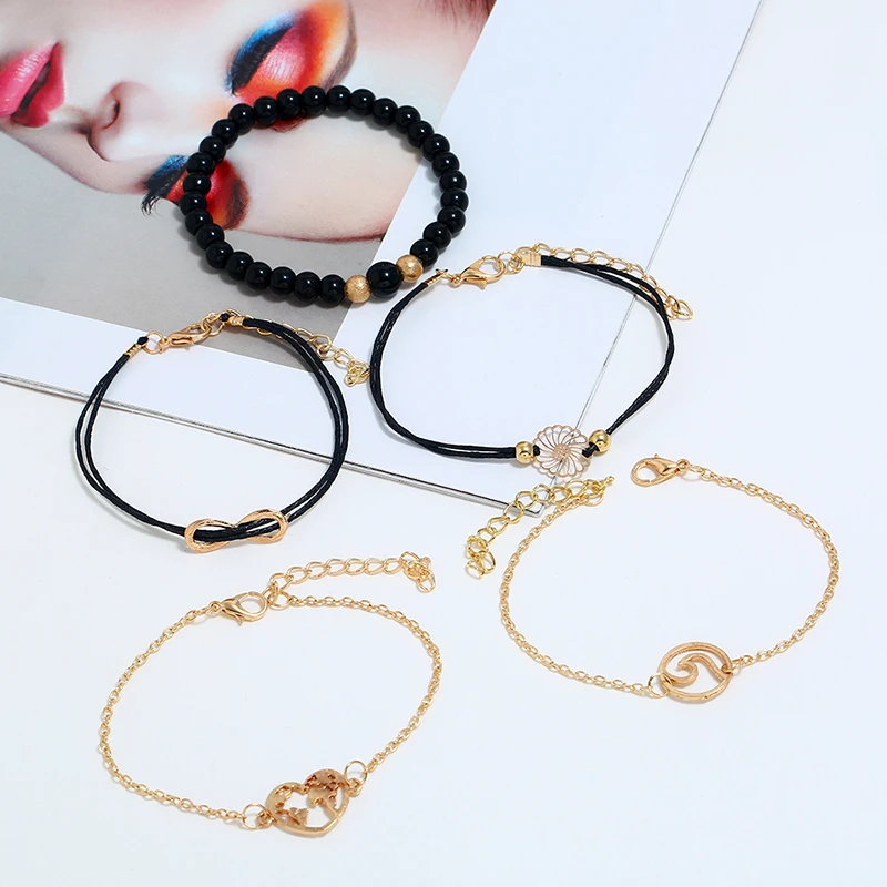 Lemon Value Bohemian Charms Heart Bracelet Set For Women Vintage Gold Color Multilayer Beads Infinite Bracelets Jewelry ZL299 | Украшения и
