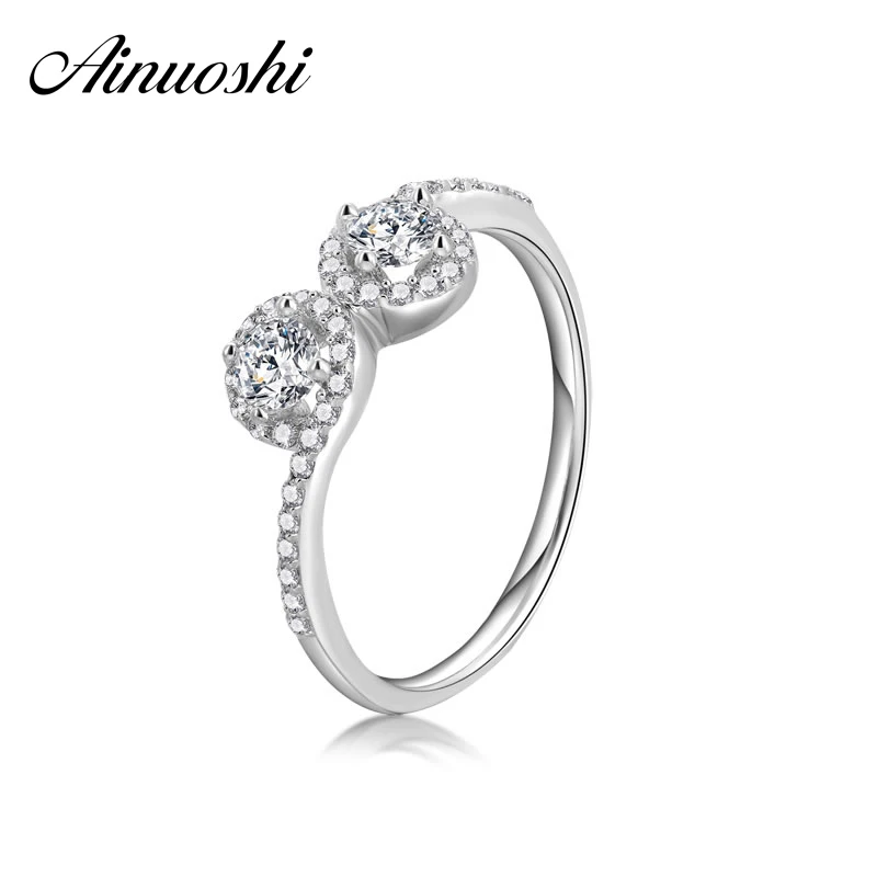AINOUSHI 2017 Женское кольцо с двумя камнями настоящее твердое из стерлингового