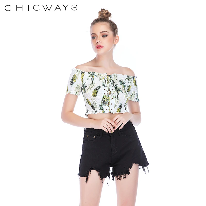 Chicways с открытыми плечами и принтом сексуальный топ на бретелях Ruching ruffle кружевные