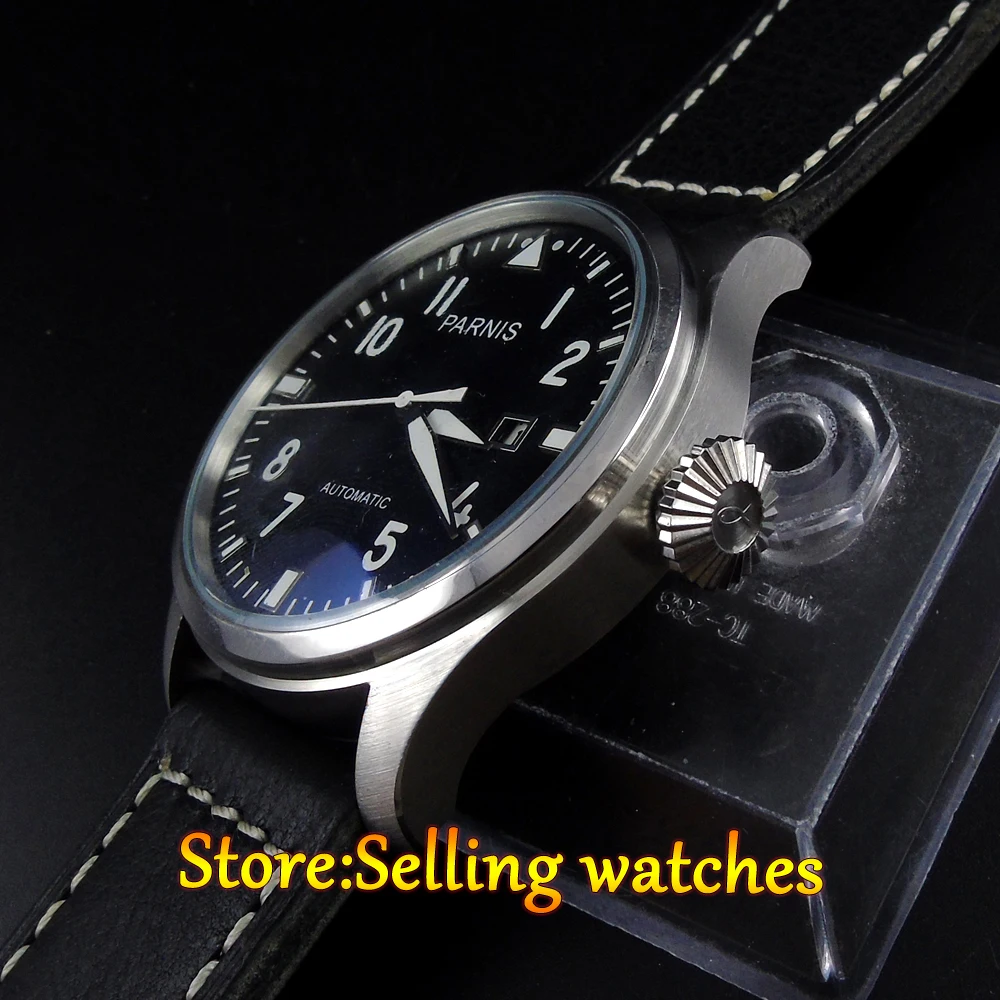 47 мм Parnis черный циферблат белый знак светящийся 2551 автоматический механизм