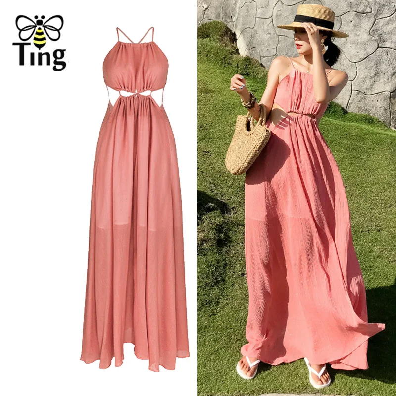Женское пляжное платье макси Tingfly розовое в богемном стиле с разрезом лямкой на