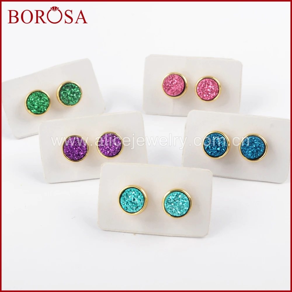

Женские круглые серьги-гвоздики BOROSA, 9 мм, золотистого цвета, с титановым ободком, смешанные цвета, модные ювелирные изделия, ZG0328