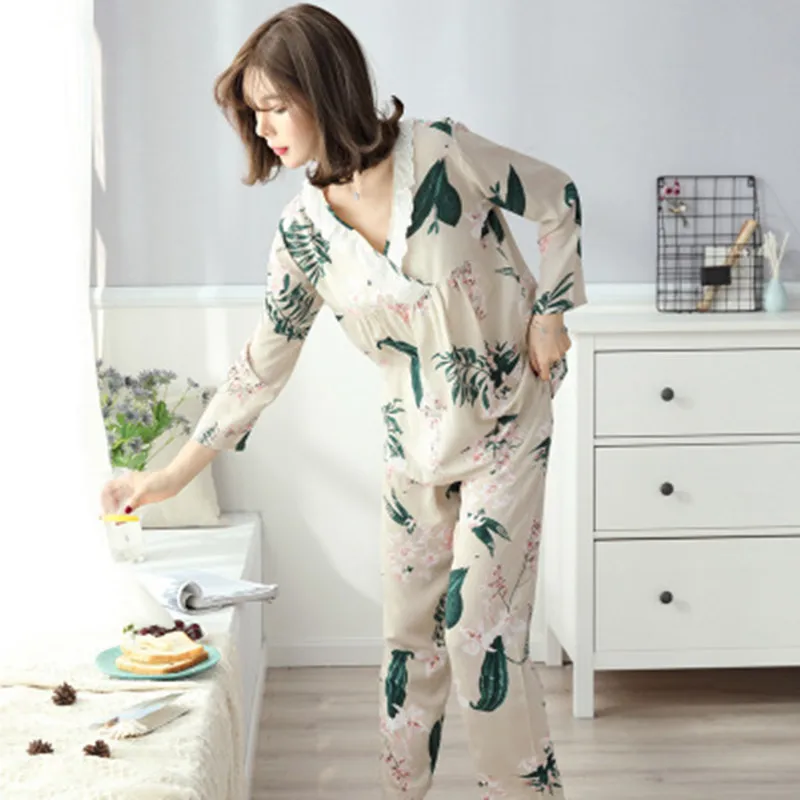 Lace Pajamas Set Casual Sleepwear For Women  Elastic Long Shirt Pants Flower Pyjama Women's 100% Cotton Summer Fashion Home Set