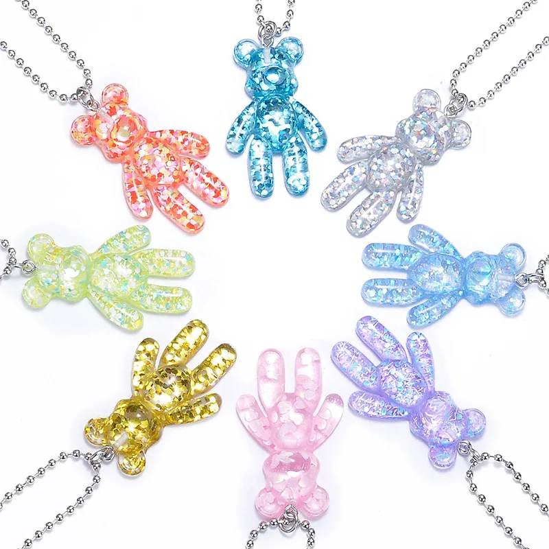 

Fashion Cute Cartoon Anime Multicolor Jelly Resin Bear Pendant Necklace For Women Girls Beads Chain Choker Jewelry Party Gift