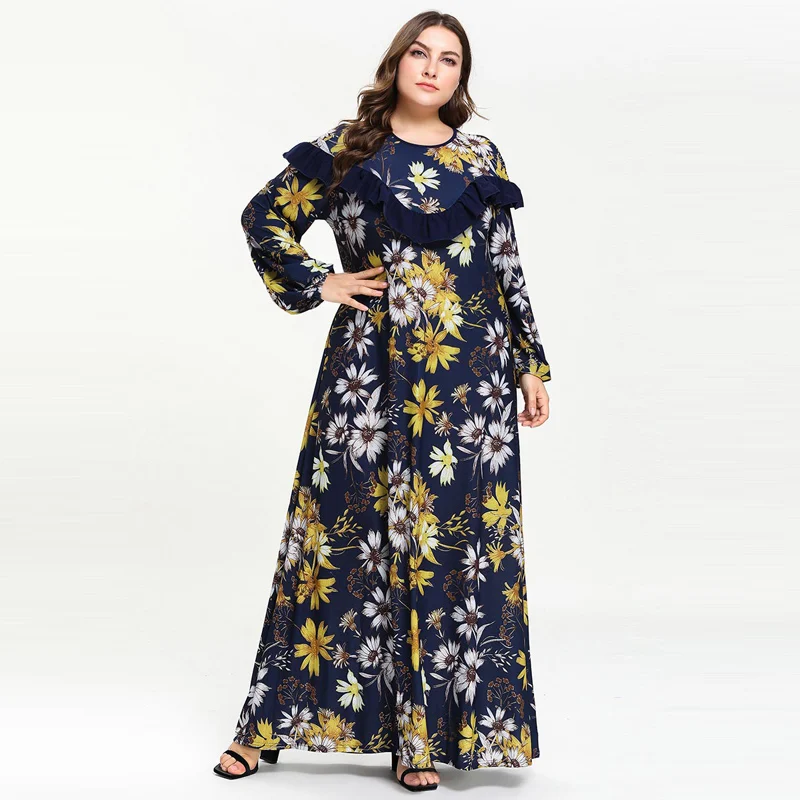 Женская мусульманская одежда Abayas макси мусульманское платье с цветочным принтом