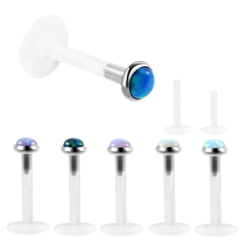 Hot Sale 1Pc Opal Stone Bioplast Flexible Labret Lip Bar Ring Earring Push Fit Top 16g Ear Cartilage Piercing Body Jewelry 16g
