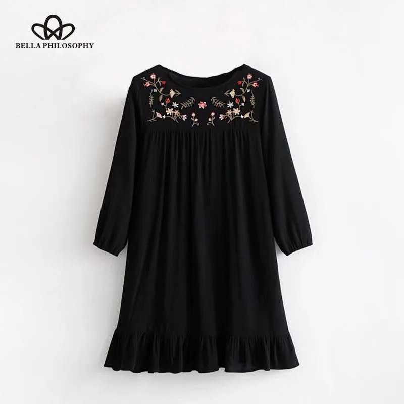 Bella Philosophy 2018 winter women loose dress female three quarter above knee embroidery black cotton | Женская одежда