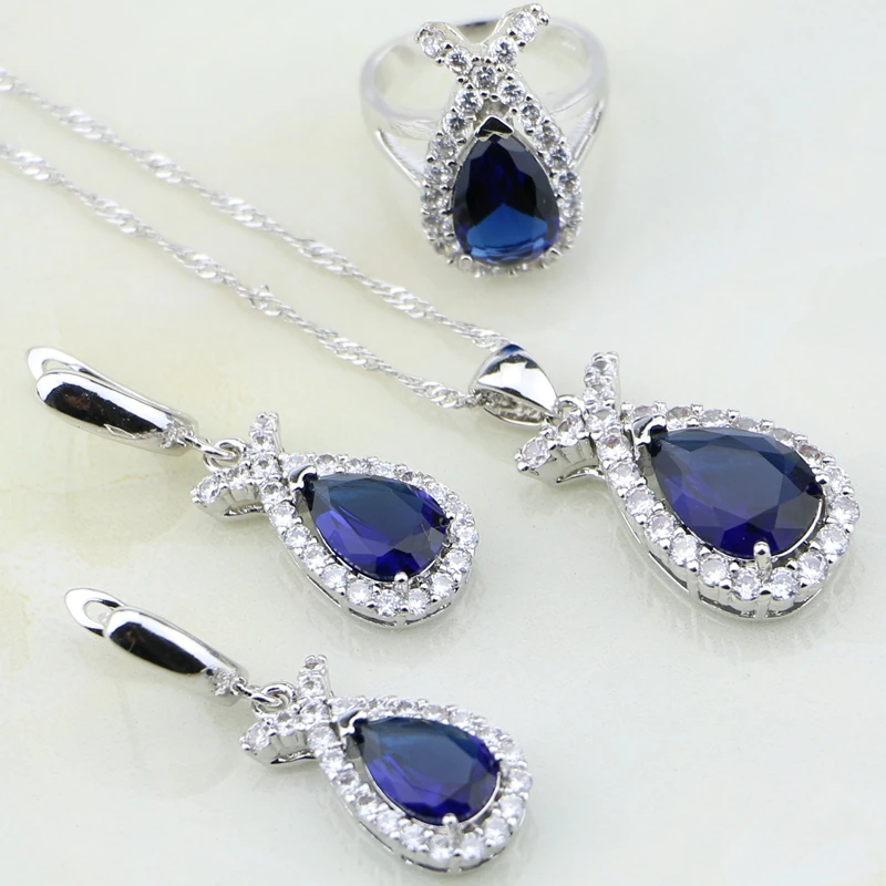 11.11 925 Sterling Silver Jewelry Blue Cubic Zirconia White CZ Sets For Women Wedding Earring/Pendant/Necklace/Ring | Украшения и