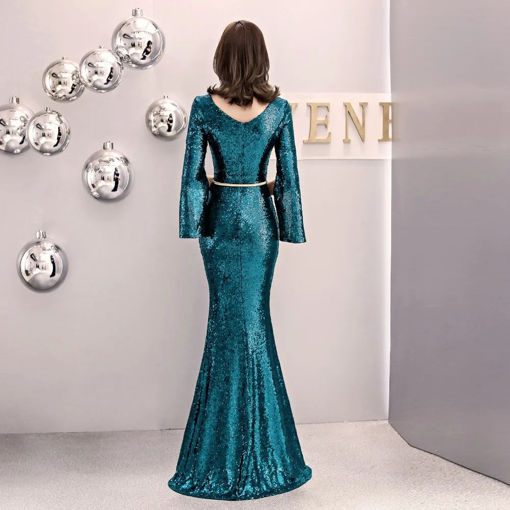 

Sladuo Women Green Sequin Dress Split Sleeve Evening Party Dress Memaid Gown Elegant Sexy Night Club Vestido de fiesta