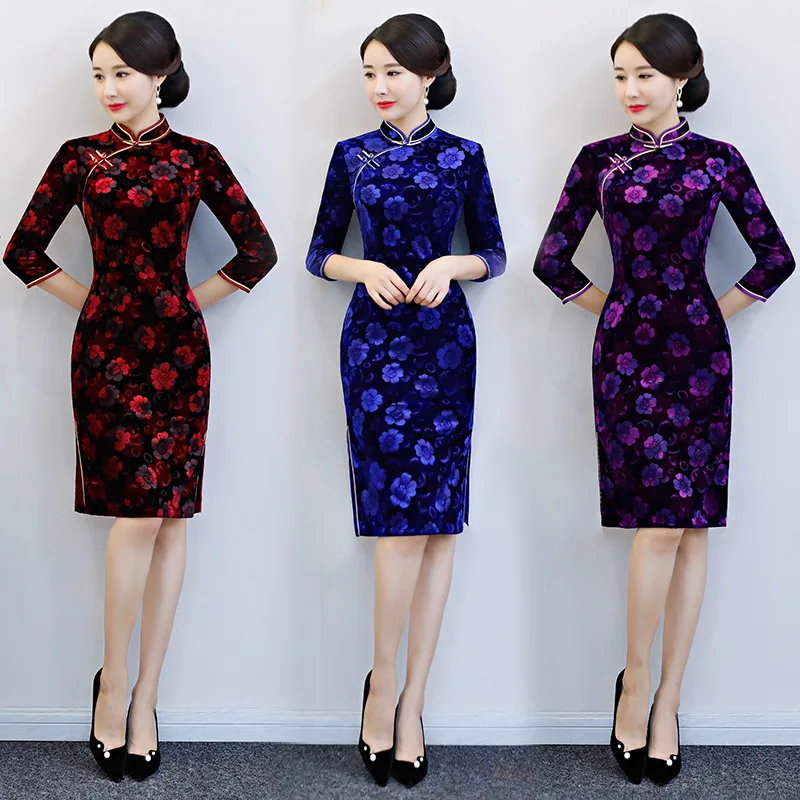 Модные женские туфли 'размеры s и m ini Cheongsam Весна новое поступление китайский Стиль велюр элегантное платье Qipao Vestidos Размеры s m L XL XXL XXXL 4XL