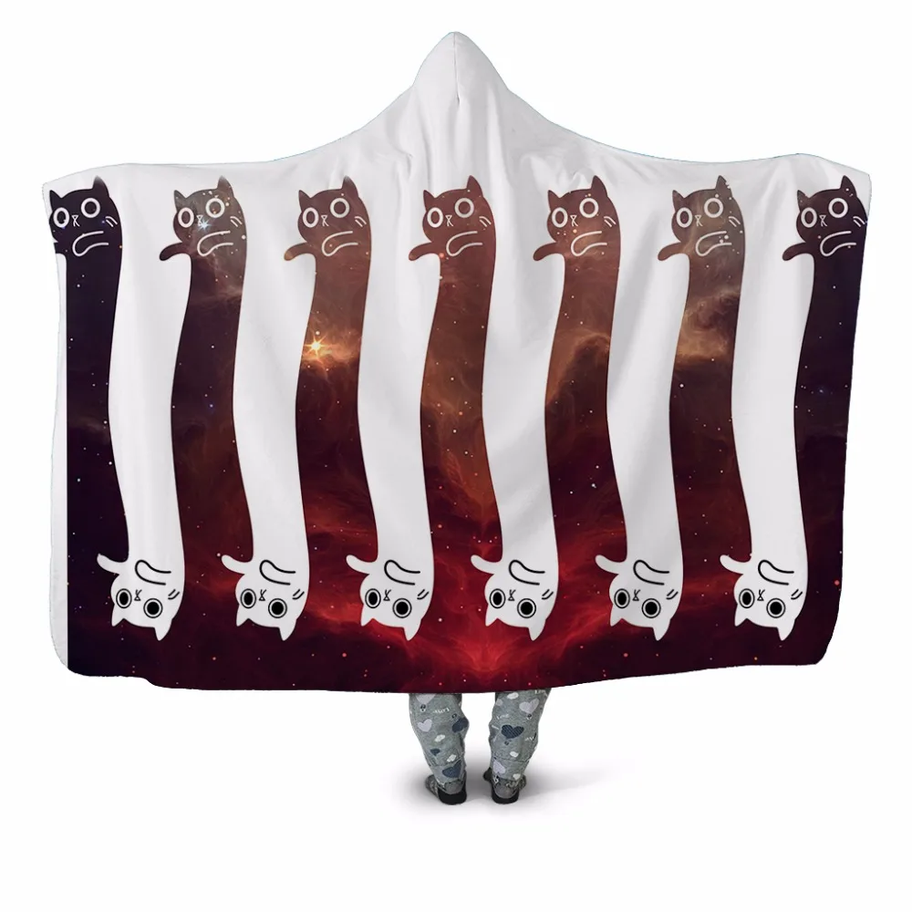 Пространство кошки линии 3D печатных плюша на меху с капюшоном и застежкой одеяло