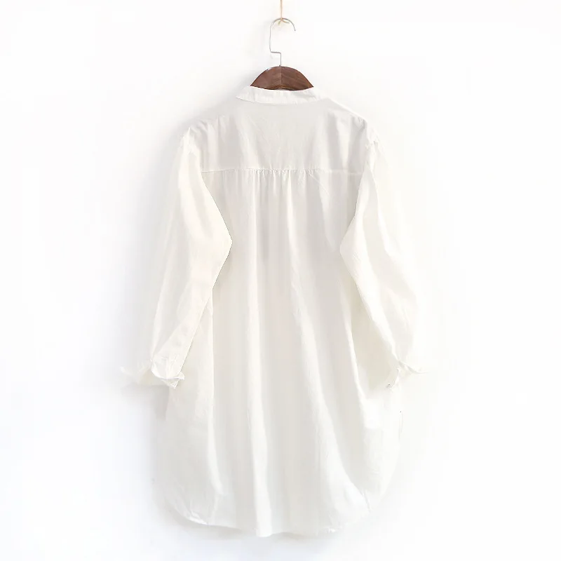 2017 Spring and Summer Fresh Women's Vintage Stand Collar Pullover Embroidery Branches Medium-long White Long-sleeve Shirt |