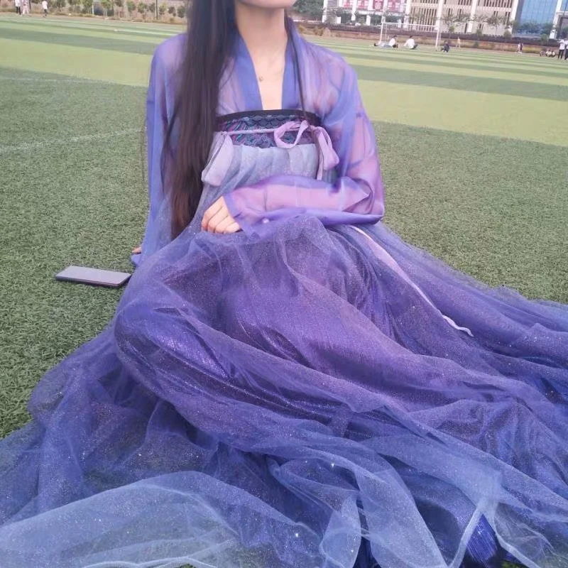 Женский Hanfu китайское платье в традиционном китайском Костюмы и рисунком в виде фиолетовых звезд Hanfu платье Для женщин Hanfu костюмы; Одежда для маленьких девочек платья DQS1423
