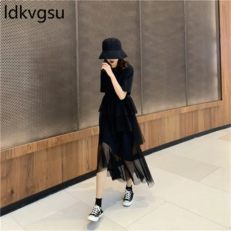 Summer Dresses Women 2019 Casual Fashion Splice Mesh Irregular Cake Dress Female O-neck Short Sleeve Mujer Vestidos f102 | Женская