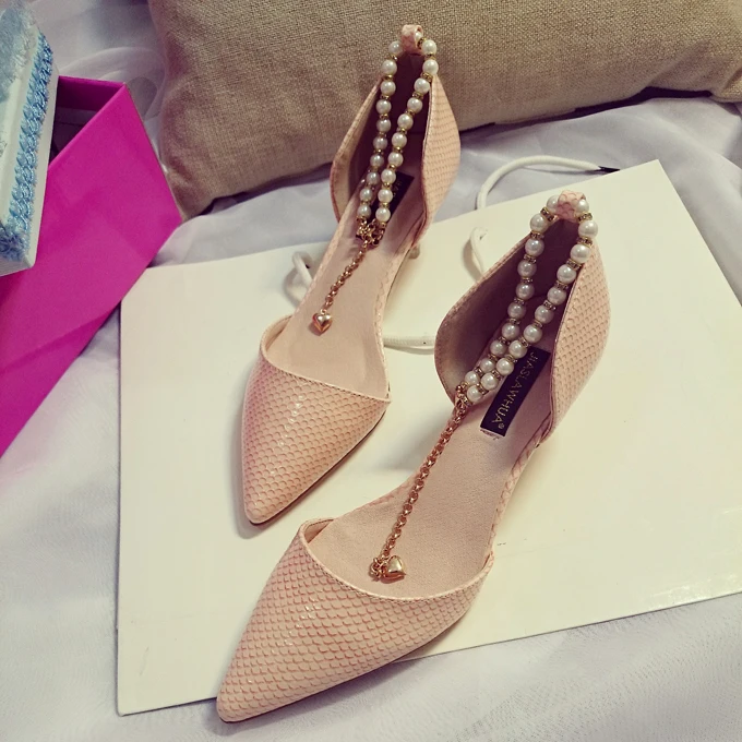 2015 Spring Summer Europe Style Elegant Lady Shoes Pearls Beaded Chain Pointed Toe Sexy Hollowed Out Pumps | Обувь