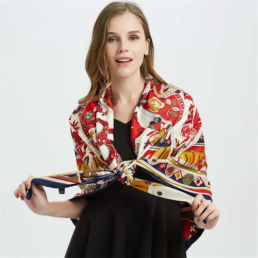 Шарф женский Шелковый в китайском стиле с принтом зодиака шаль из пашмины