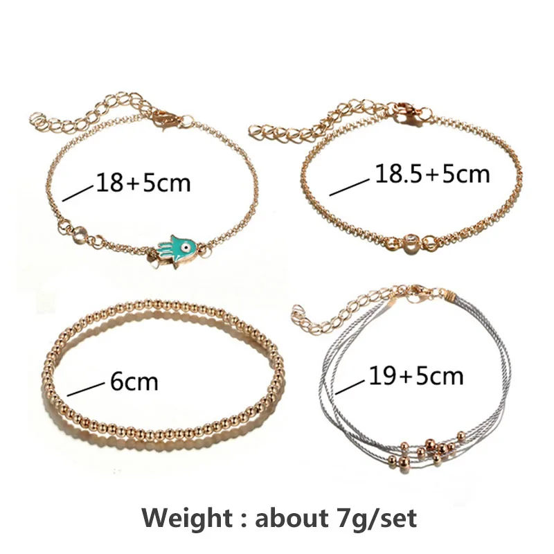

4 Pcs/Set Enamel Hamsa Fatima Hand Charm Bracelets for Women Simple Gold Beads Chain Braclets Girls Bracelets on the Leg Jewelry