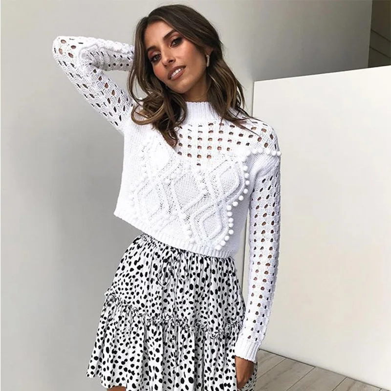 Chic White High Neck PomPom Ball Knitting Sweater Women Long Sleeve Cropped Autumn Winter Slim Pullover Jumper Top | Женская одежда