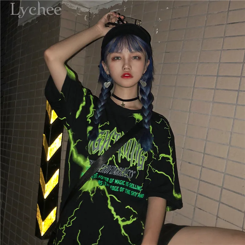 Lychee Harajuku, женская футболка с принтом молнии и буквами, Повседневная Свободная футболка с круглым вырезом и коротким рукавом, женская футболка