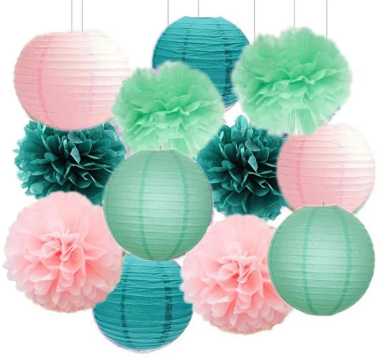 

12 шт Под море вечерние поставки/Русалка Розовый Бирюзовый мятный зеленый Пом-помы из ткани бумажные фонарики украшения на первый день рожде...