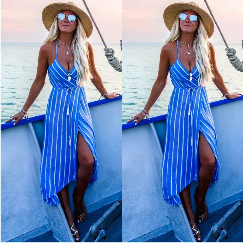 Новое Женское летнее богемное длинное платье макси в полоску с лямкой на шее