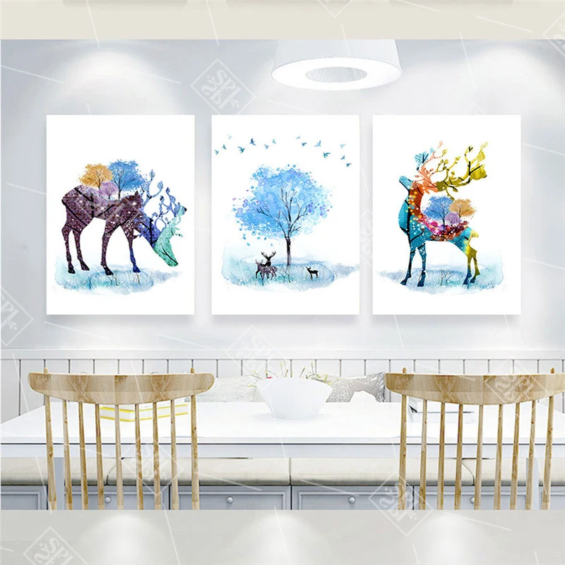 Nordic Minimalist Home Decoration Posters Watercolor Elk Deer Animals Canvas Painting Hd Printed Wall Art Pictures for Kids Room | Дом и сад