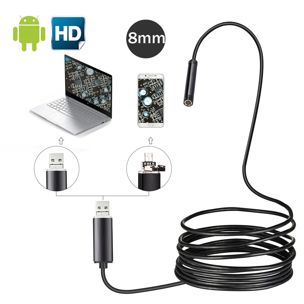 

HD 2in1Android USB эндоскоп объектив 8 мм 1 м 5 м 10 м 8LED IP67 Водонепроницаемый Бороскоп трубка камера OTG Android телефон 720P