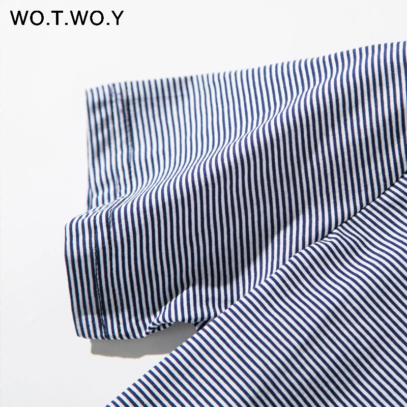 WOTWOY/летние синие полосатые футболки для женщин с круглым вырезом и коротким