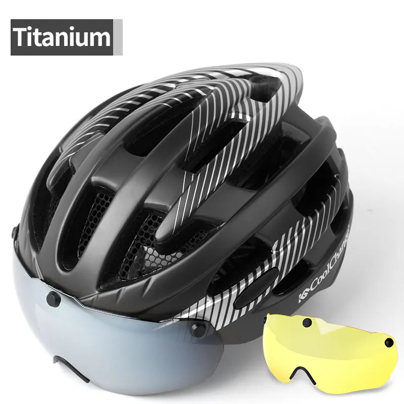 Titanium 2 lenses Coolchange, велосипедные шлем с легкий ветрозащитный очки велосипед шлем MTB сеткой отлиты Для мужчин велосипедный шлем - Цвет: Titanium 2 lenses