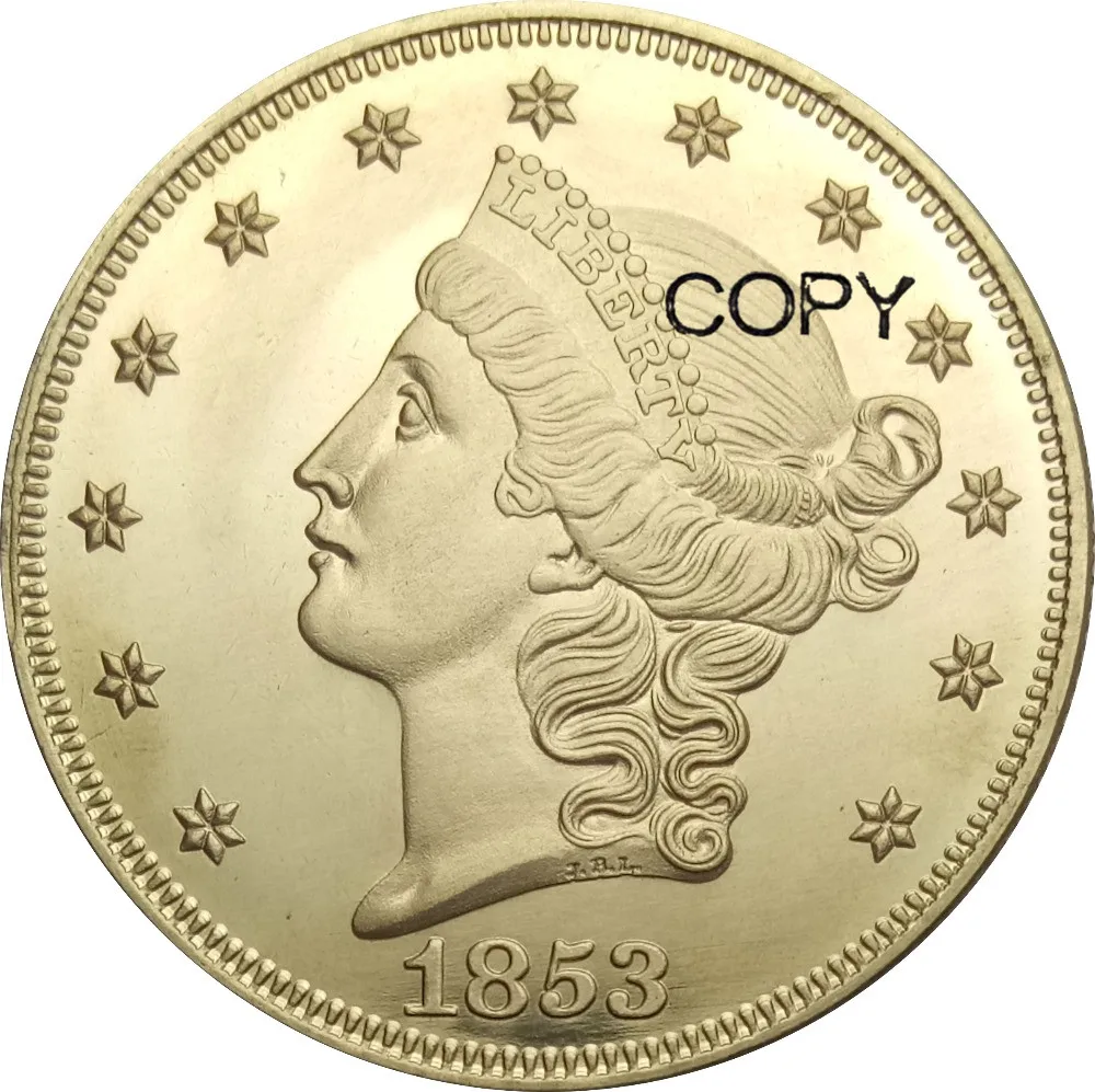 США 20 долларов Liberty Head Double Eagle без девиза TWENTY D. Золотые монеты 1853 O латунные