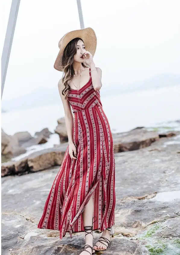 Летнее платье макси с открытой спиной Boho Chic женское пляжное красное на тонких