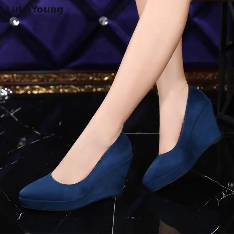 

New Shallow Pointed Top Suede Flock High Heel Shoes Women Fashion Wedges Lady Shoes