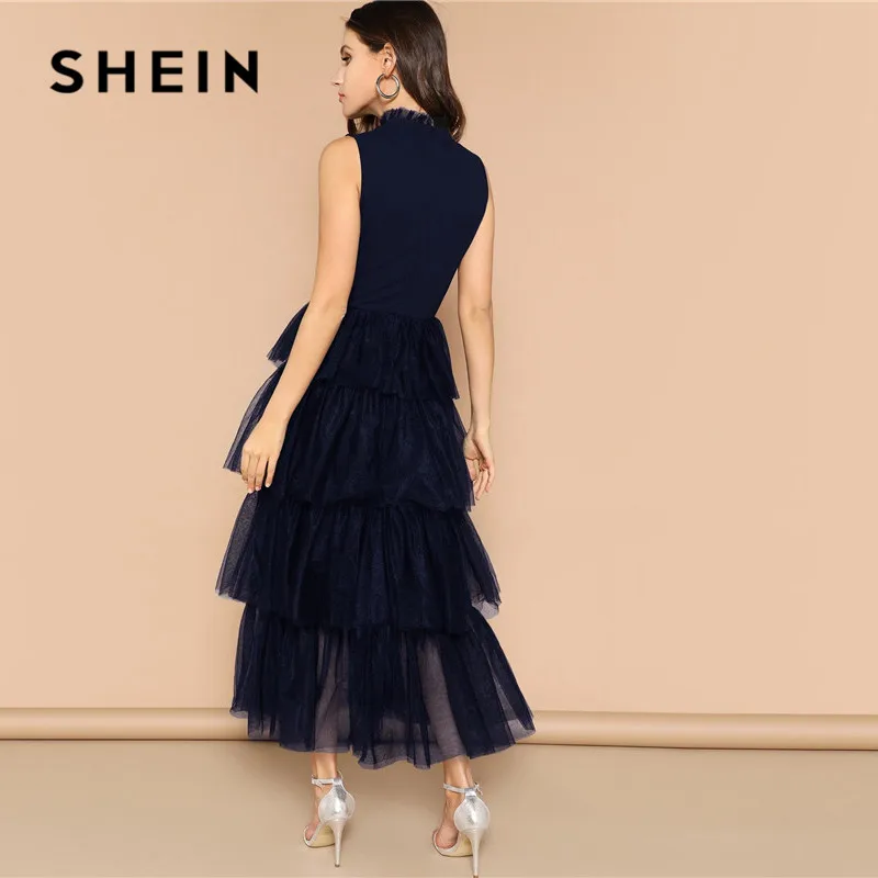 SHEIN модное многослойное платье макси с оборкой на воротнике, без рукавов, со стоячим воротником, гламурные вечерние платья с высокой талией, летнее платье