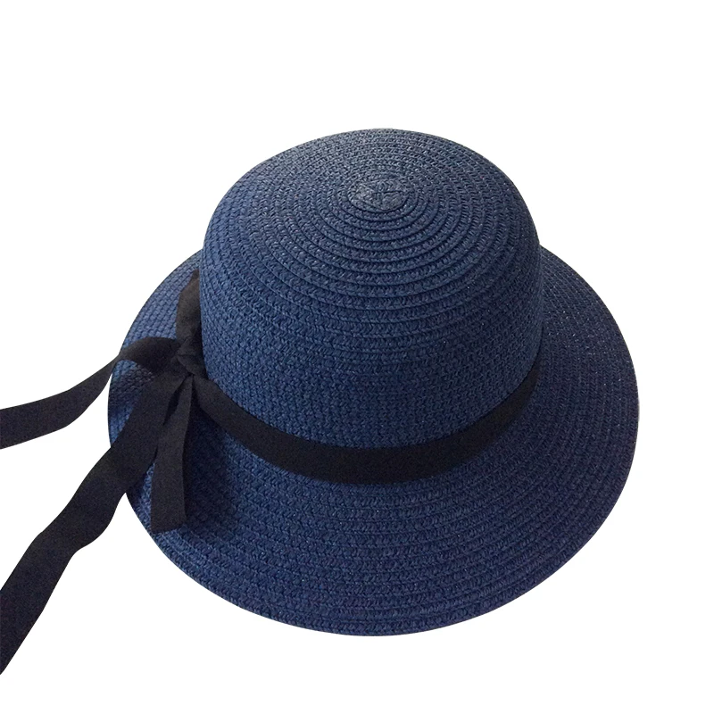 navy black ribbon Летняя кепка для девочек, украшенная черной лентой, волнистая соломенная шляпа для девочек, детская Панама, Детская кепка от солнца, детские пляжные шляпы - Цвет: navy black ribbon