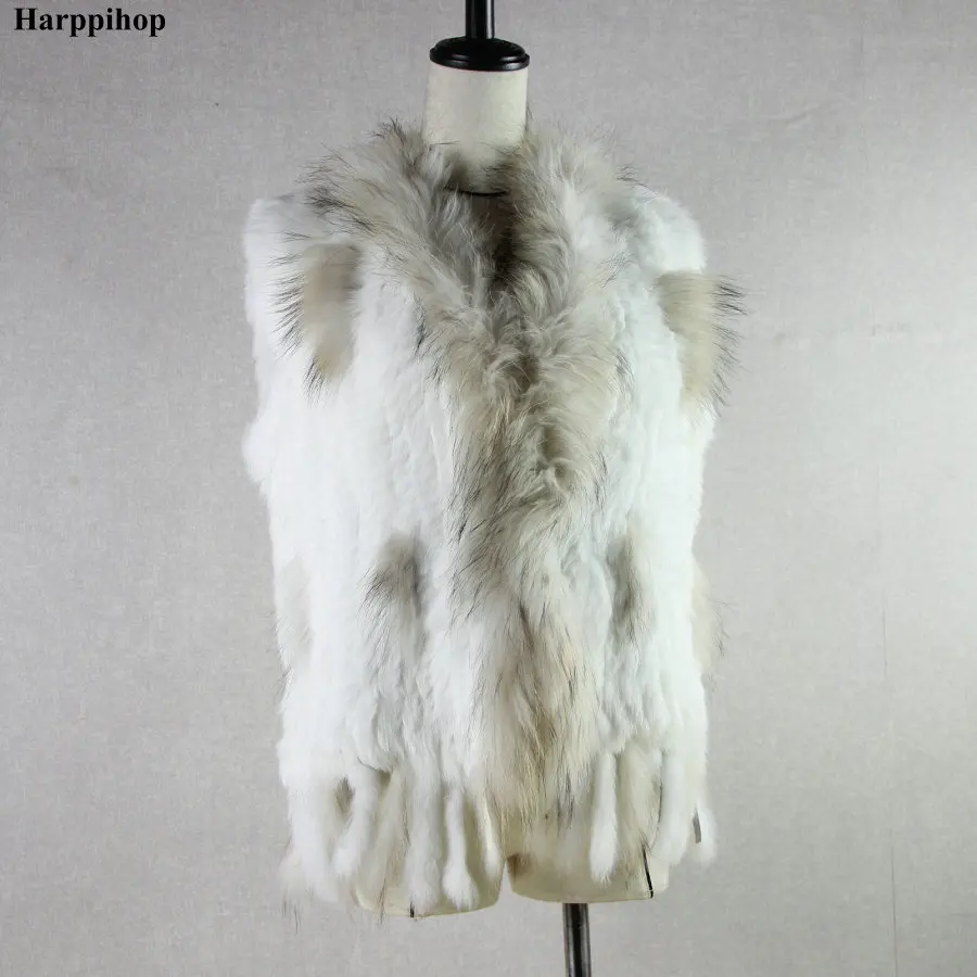 Spring Autum Women's  Natural Real Rabbit Fur Vest With Raccoon fur Collar Knit waistcoat/jackets rex rabbit Short Vest Big Size