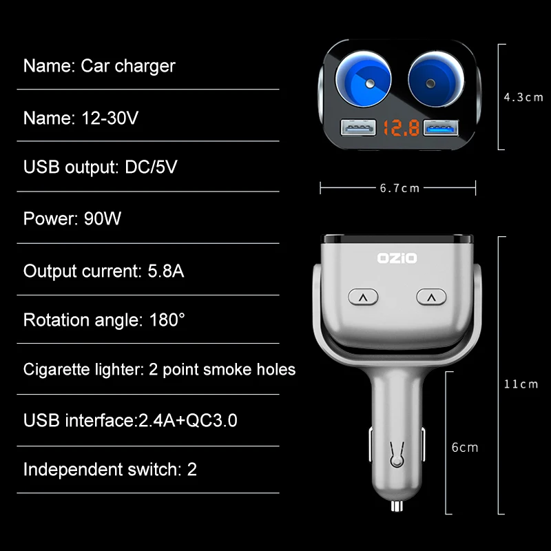 12 V-24 V автомобильный прикуриватель автомобильный делитель гнездо устройство для автомобиля с двумя портами USB Зарядное устройство QC 3,0 Быстрая зарядка с переключателем Напряжение Дисплей