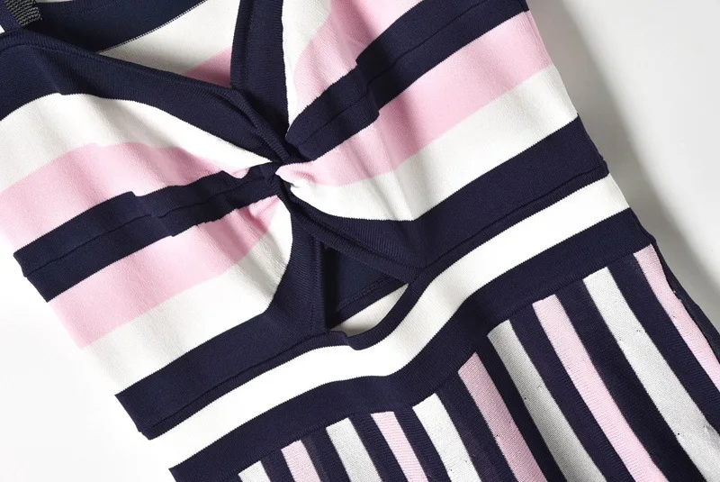 Популярная цветная полоска Вязание платье 2019 летние Для женщин полым поясом с