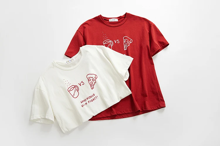 Для женщин футболки топы Япония Kawaii дамы Ретро Простой Кофе Pizza Print хлопковая