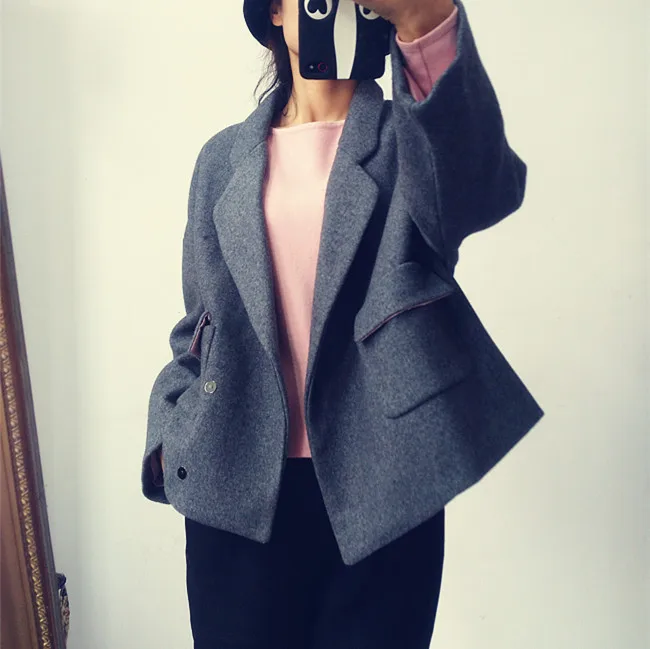 

Women Wool Coat 2019 Spring Autumn Koran Loose Drop-Shoulder Short Outerwear Coat Blazer Color Casual Top New
