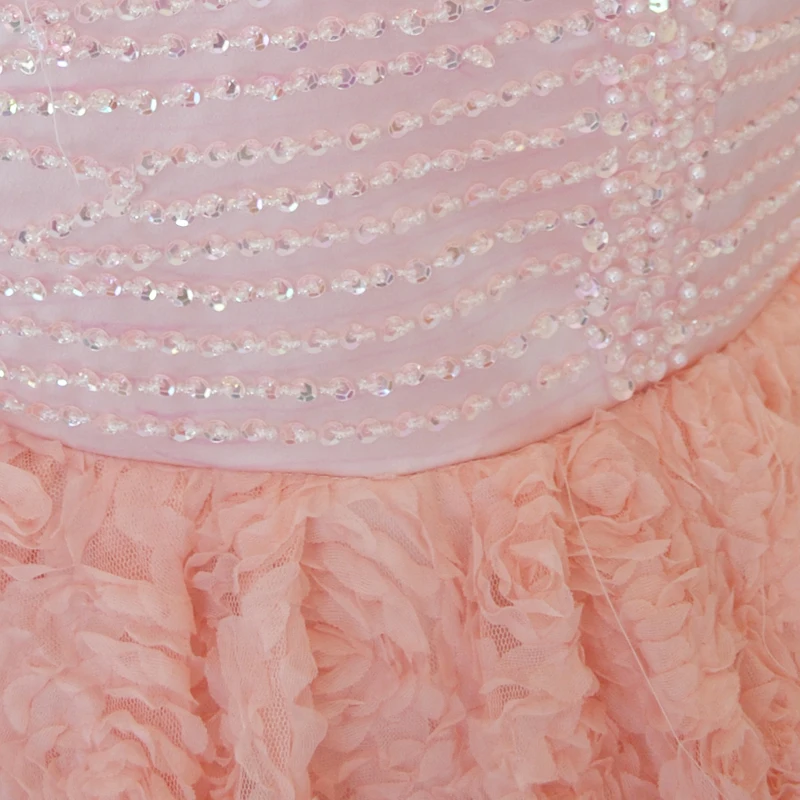 

Real Photo 3D Rosette Fabric transparent Long Sleeves Pink Mermaid Prom Dress Rose