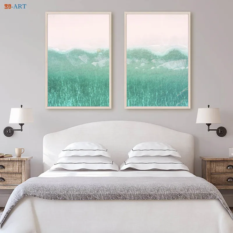 Холст с изображением волн Турецкого океана в бирюзовых тонах, постер с пляжем и розовой стеной, кустарниками для оформления прибрежной зоны в гостиной.