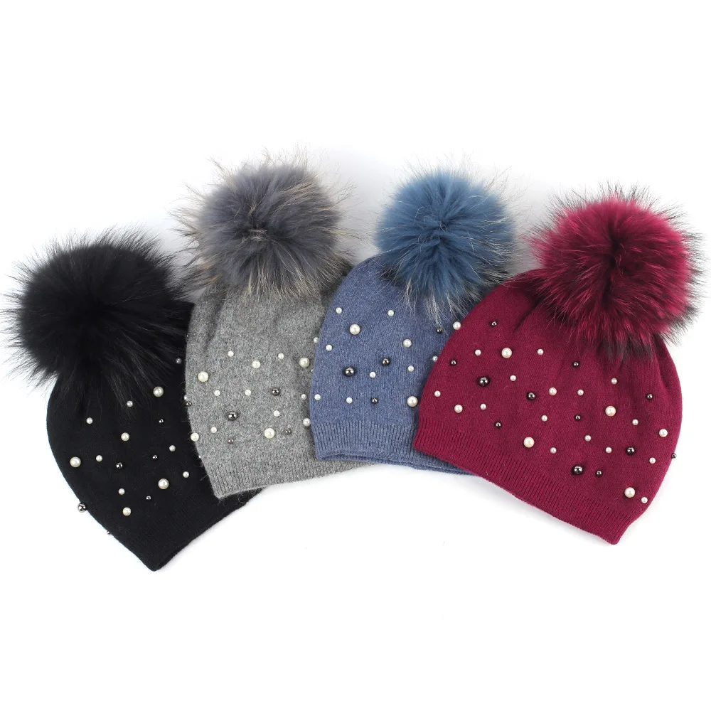 Женская Вязаная кашемировая Лыжная шапка с помпоном енота | Аксессуары для