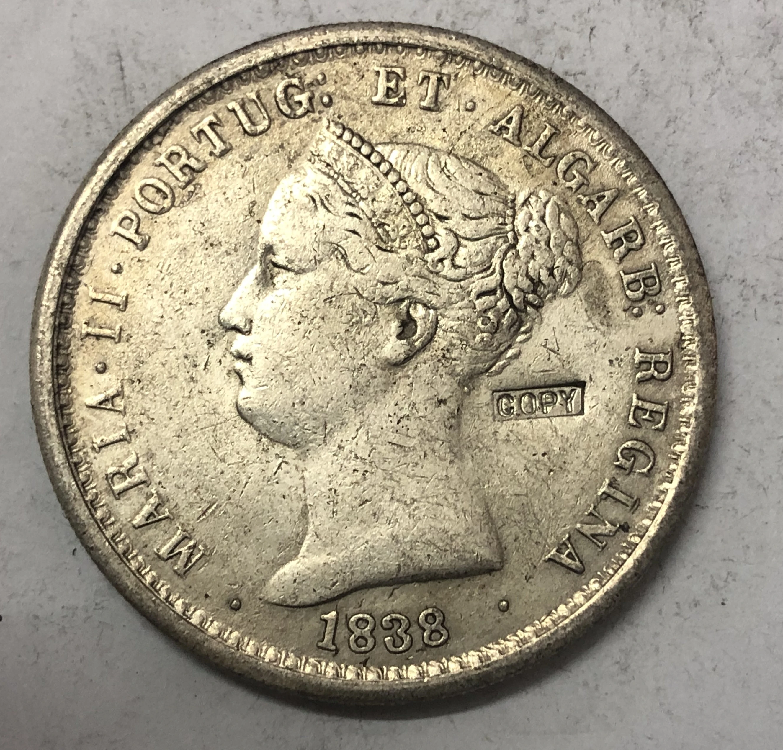 1838 Португалия 1000 Реис Мария II Посеребренная точная копия отличной
