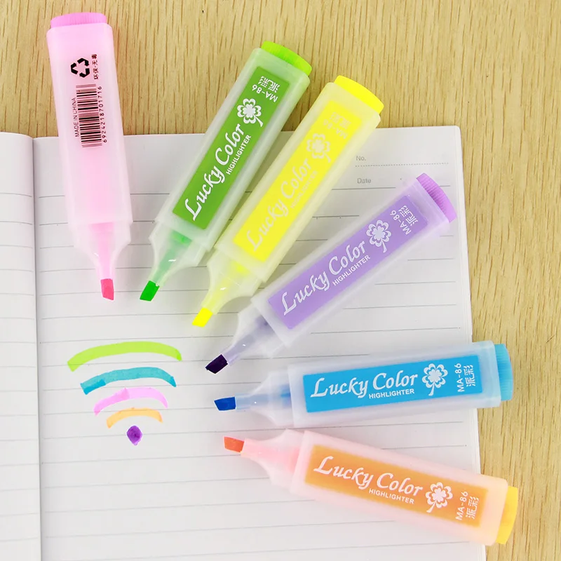 6PCS Cute Candy Colors Highlighter Pen Marker Pens Kawaii Stationery Material Escolar Papelaria Writing School Supplies