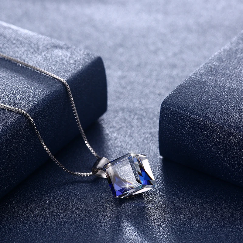 LEKANI Crystals From Swarovski Blue Cube Pendant Necklace Simple Trendy Collars Real S925 Silver Fine Jewelry For Women Girls | Украшения и