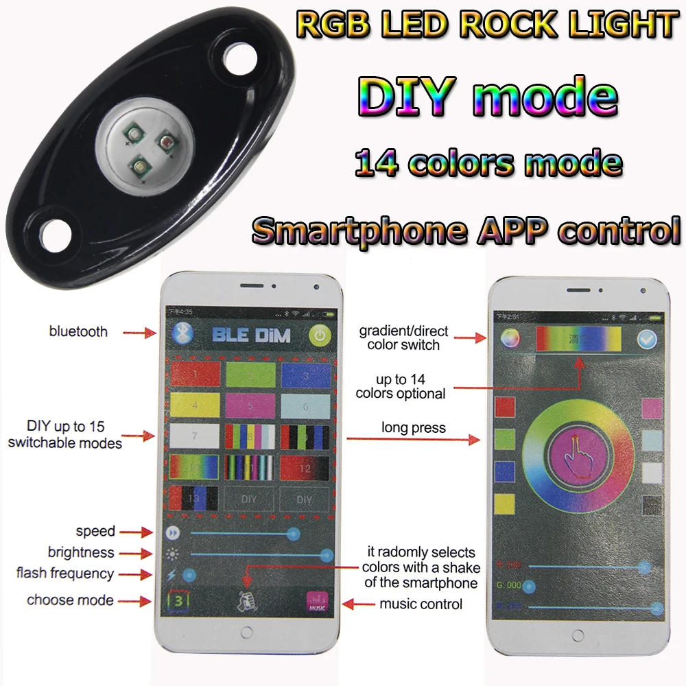 Promotion price 4 Pods RGB Bluetooth Controller Remote 15 DIY Colors Timing Music Flashing LED Rock Light Kit with 4pcs/set | Автомобили и