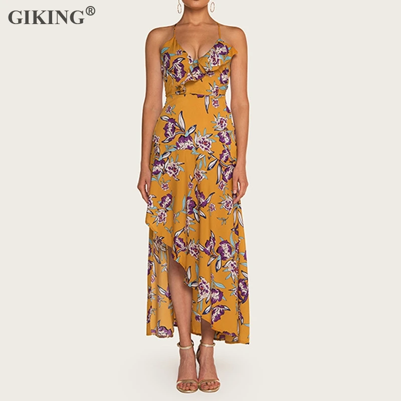 Женское длинное пляжное платье GIKING макси на бретельках с цветочным принтом v