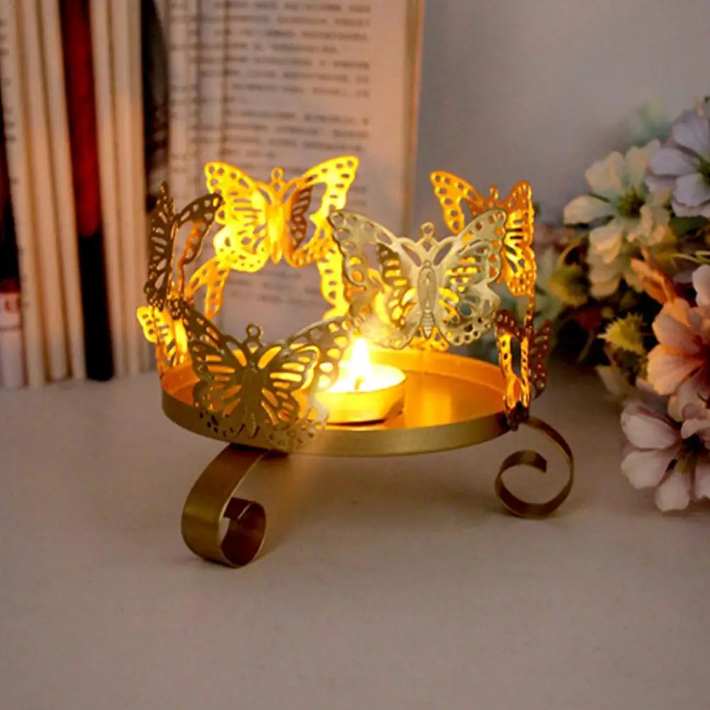 Нордический стиль Золотое ковкое железо Металл полый цветок бабочка подсвечник