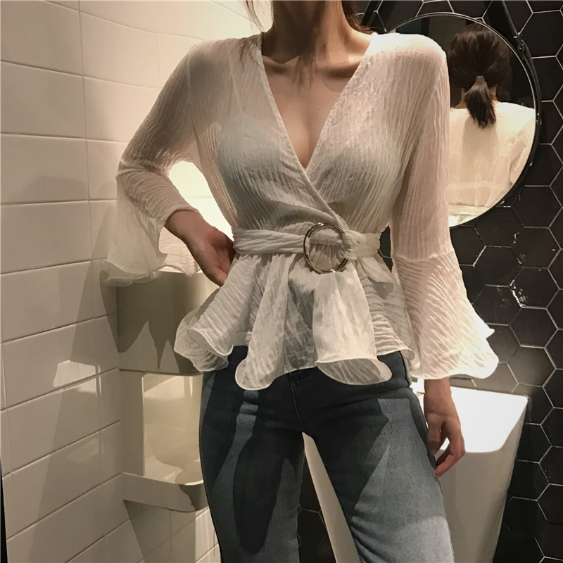 

New Women's Clothing fashion trend autumn temperament ruffles solid waist v-neck flare sleeve thin full chiffon blouse shirts