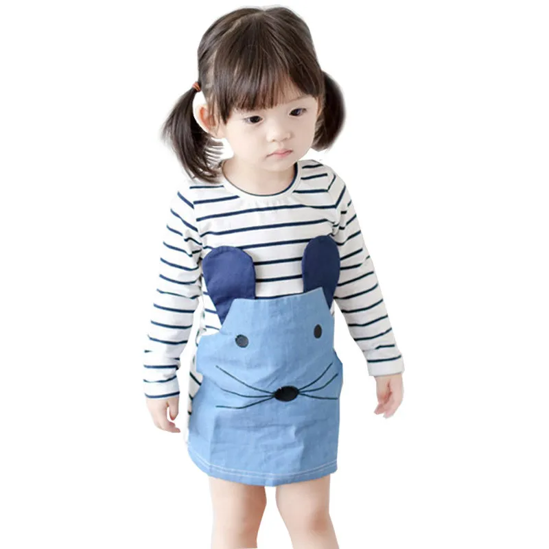 

2020 Summer Girls Long Sleeve Appliques Dress Baby Kid Cute Jeans Dresses Children Clothing Casual Stripe A-line Princess Dress